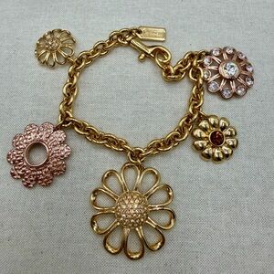 Coach Gold and Pink Floral Charm Bracelet with box
